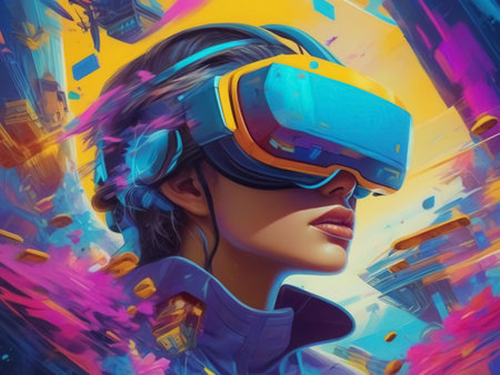 Young woman engrossed in a virtual reality video game, wearing VR glasses and interacting with the digital environment. Ideal for illustrating gaming technology, virtual reality experiences, modern entertainment, and interactive gameplay.の素材