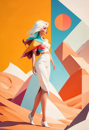A fashion-forward portrait of a young woman posed amidst abstract geometric shapes resembling desert dunes, creating an artistic and stylish ambiance.の素材
