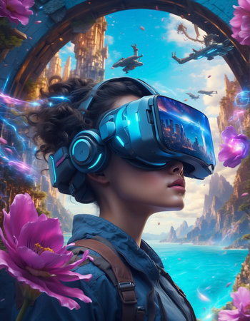 Young woman engrossed in a virtual reality video game, wearing VR glasses and interacting with the digital environment. Ideal for illustrating gaming technology, virtual reality experiences, modern entertainment, and interactive gameplay.の素材