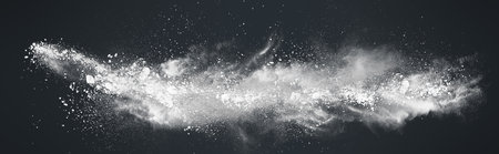 Wide Panoramic Abstract design of white powder snow cloud explosion on dark background.の写真素材