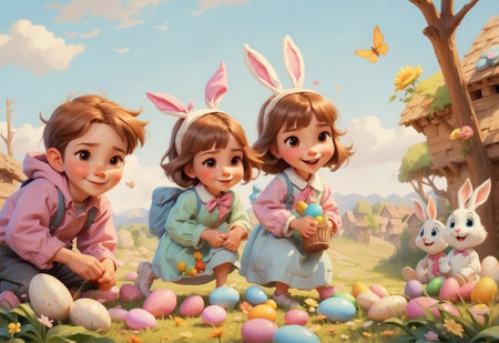 Group Of Happy Children Running To Pick Up Easter Eggs On Easter Egg Hunt outdoors.の素材