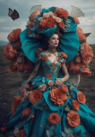 Fashion portrait of a young woman in fantasy dress and hat, showcasing a blend of baroque and rococo styles. Ideal for fashion concepts, floral arrangements, beauty, elegance, and artistic designs.の素材