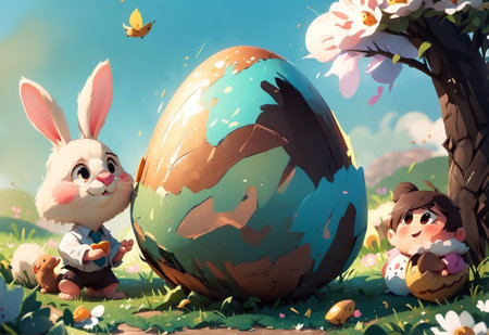 Watercolor Easter Greeting: Rabbit, Flowers, Eggsの素材