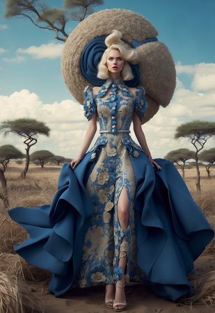 Fashion portrait of a young woman in fantasy dress and hat, showcasing a blend of baroque and rococo styles. Ideal for fashion concepts, floral arrangements, beauty, elegance, and artistic designs.の素材