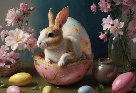 Watercolor Easter Greeting: Rabbit, Flowers, Eggsの素材
