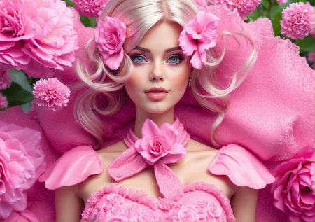 Fashion portrait of a young woman surrounded by exotic flowers, showcasing a blend of baroque and rococo styles. Ideal for fashion concepts, floral arrangements, beauty, elegance, and artistic designs.の素材