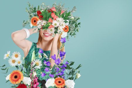 Abstract contemporary surreal art collage of young woman with flowers. Fashion portrait in summer style.の写真素材