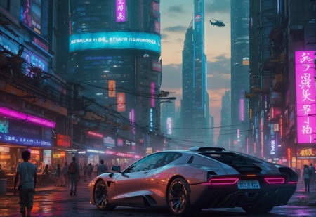 Futuristic city street. Sports super car racing in downtown. Expensive luxury auto conceptの素材