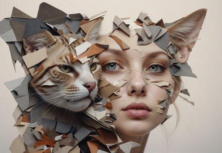 Collage style portrait mixed a young beautiful woman and cat headの素材