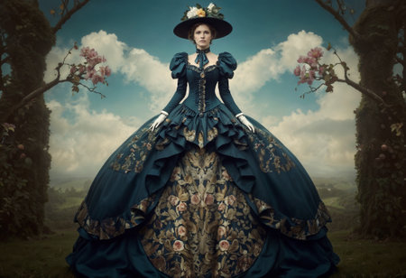 Elegant woman in victorian period style dress and flowers , renaissance aesthetic fine art.の素材