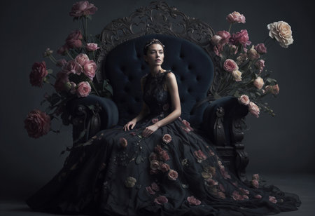 A person in a floral dress sits on an ornate chair, surrounded by large vases of flowers. The scene is elegant, with a dark, moody atmosphere highlighting the vibrant flowers and intricate details of the dress and chair.の素材