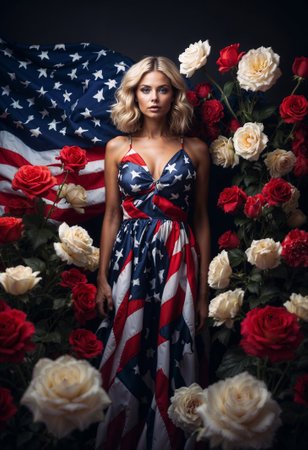 A woman in a dress patterned with the American flag stands amidst red and white roses, with a large flag in the background. The image exudes patriotism and natural beauty.の素材