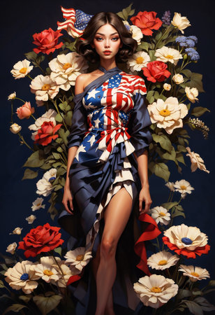 A woman in a dress patterned with the American flag stands amidst red and white roses, with a large flag in the background. The image exudes patriotism and natural beauty.の素材