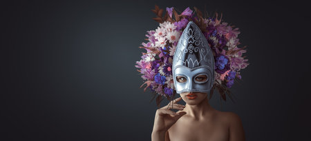 Woman wearing ornate Venetian mask and floral headdress. Themes of mystery, elegance, and carnival celebrations. For fashion, event promotion, or artistic projects.の写真素材
