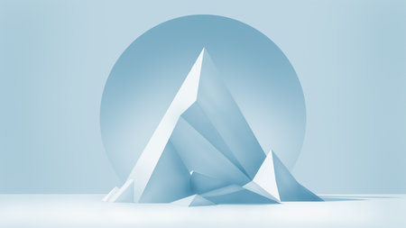 Elegant 3D render of abstract mountain like shapes against a circular backdrop, in soothing blue and white. for modern business concepts, technology themes, or minimalist design projects.の写真素材