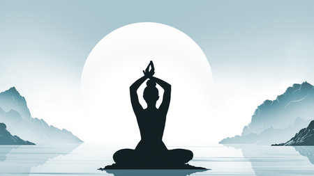 Serene Meditation Silhouette Against Moonlit Mountain Lake Landscapeの写真素材