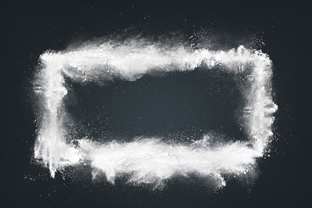 Abstract image of white powder particles exploding into a Square shape against a black backdrop. Concepts of energy, transformation, or scientific breakthroughs in particle physics or chemistry.の写真素材