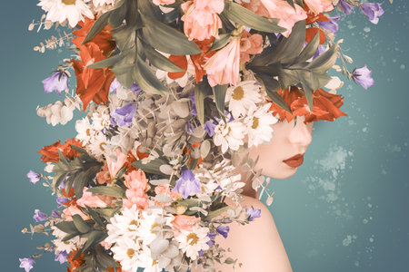 Ethereal beauty portrait featuring woman's face with floral arrangement of white daisies and mixed flowers. Perfect for beauty, cosmetics, spa advertising or fashion editorials.の写真素材