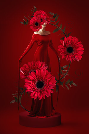 Artistic fashion photograph featuring model in flowing red dress with oversized gerbera daisy blooms on monochromatic red backdrop. for fashion editorials, beauty campaigns or luxury advertising.の写真素材