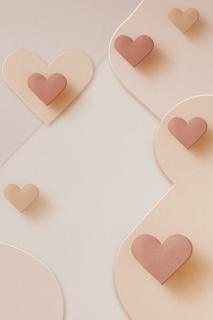 Artistic arrangement of layered paper hearts in soft pastel colors. Wedding invitations, Valentine's Day designs, romantic social media posts, or feminine branding.の写真素材