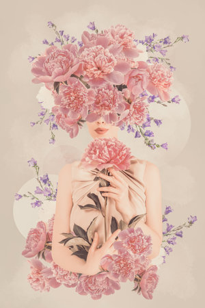 Artistic beauty woman portrait with flower arrangement. for fashion, beauty, spring campaigns, wedding aesthetics, and feminine lifestyle content.の写真素材