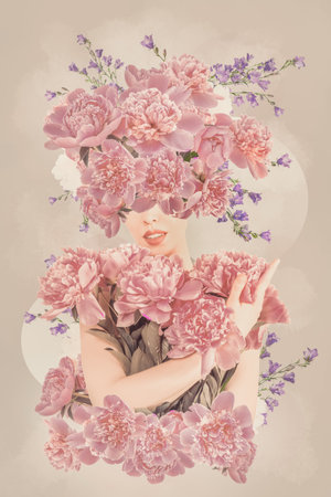 Artistic beauty woman portrait with flower arrangement. for fashion, beauty, spring campaigns, wedding aesthetics, and feminine lifestyle content.の写真素材