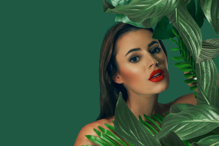 Portrait of an attractive brunette woman surrounded by green tropical leaves. for beauty, fashion, healthcare, cosmetic product or spa concept.の写真素材