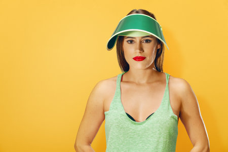 Portrait of a beautiful woman with visor cap. This can be used to illustrate themes of summer fashion, active lifestyle, or beauty and confidence.の写真素材