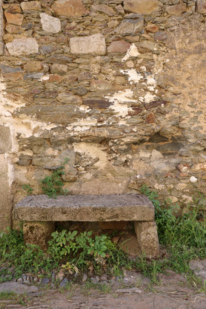 Bench and stone wallの写真素材