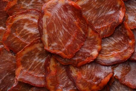 Acorn-fed Iberian loin cut into slices seen from aboveの写真素材