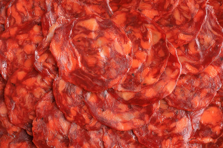Close-up of sliced 100% acorn-fed Iberian chorizo from Extremadura