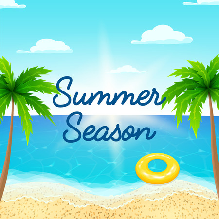 Beautiful background on the sea topic with sea shore, sea water and palm trees. Vector illustration.のイラスト素材