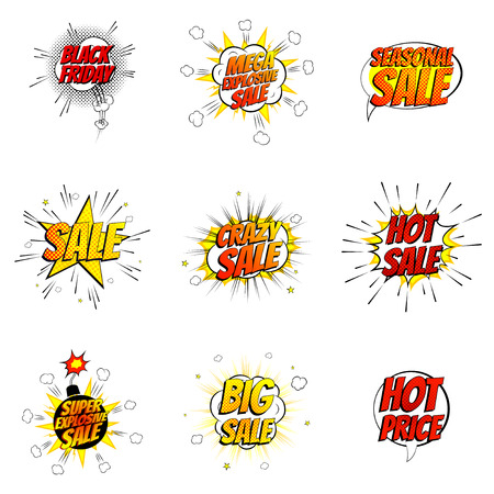Vector illustration. Decorative collection of discount labels with bomb explosive isolated on white background.のイラスト素材