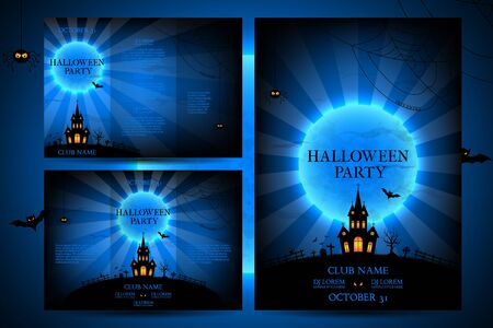 Templates of posters with terrible house on blue background. Halloween party greeting cards.のイラスト素材