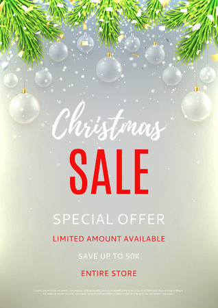 Elegant background with glass toys. Beautiful illustration with silver confetti and shining lights. Season discount banner.のイラスト素材