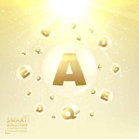 Concept of cream for protection from uv rays and from ageing. Shining background with transparent bubbles with golden letters. Vector illustration.のイラスト素材