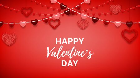 Romantic composition with garlands from paper. Beautiful backdrop with heart from threads. Vector illustration.のイラスト素材