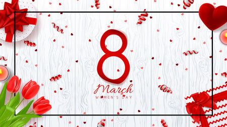Composition paper with red tulips, case for ring, gift boxes and candles.