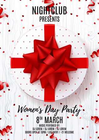 Top view on white gift box with red bow. Vector illustration with confetti and serpentine on wooden texture. Invitation to nightclub.のイラスト素材