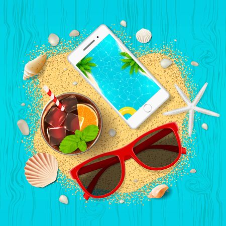 Top view on seashells, fresh cocktail, sun glasses, smartphone and sea sand on blue wooden texture.のイラスト素材