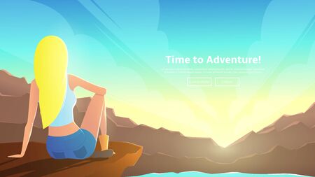 Woman looks at sunrise among mountains.のイラスト素材