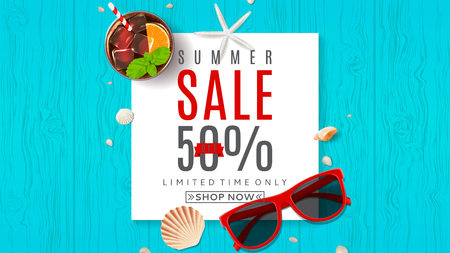 Top view on composition with red sun glasses, seashells, and ice cream on wooden texture. Vector illustration.のイラスト素材