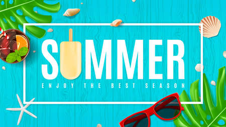 Top view on composition with sun glasses, fresh cocktail and ice cream on wooden texture. Vector illustration. Web banner of summer vacation.のイラスト素材