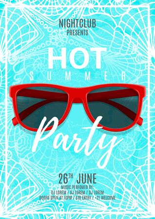 Invitation to nightclub with red sun glasses on beautiful pattern with seashells. Vector illustration.のイラスト素材