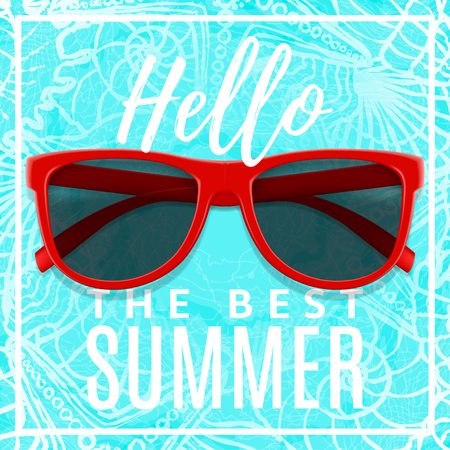 Beautiful pattern with seashells. Vector illustration with text Hello the best summer.のイラスト素材