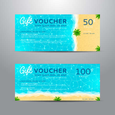 Unusual design of coupon usable for invitation  ,gift card and certificate. Vector illustration with sea shore and palm trees.のイラスト素材