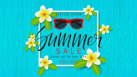 Vector illustration. Beautiful background with plumeria flowers on wooden texture.のイラスト素材