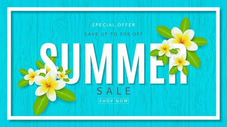 Beautiful background with plumeria flowers on blue wooden texture. Vector illustration.のイラスト素材