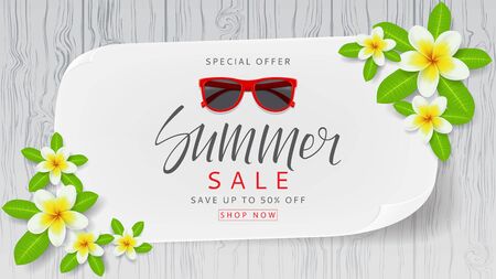 Beautiful background with plumeria flowers on wooden texture. Vector illustration with paper.のイラスト素材