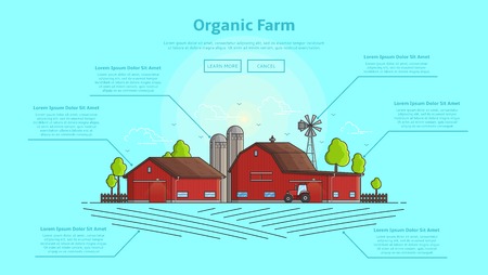 Color vector illustration in linear style with farm landscape. Background with farming line elements.のイラスト素材